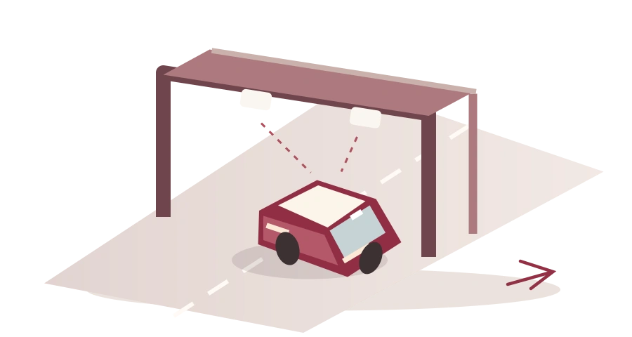 Carro passando por um pórtico de pedágio Free Flow, sem cancelas.